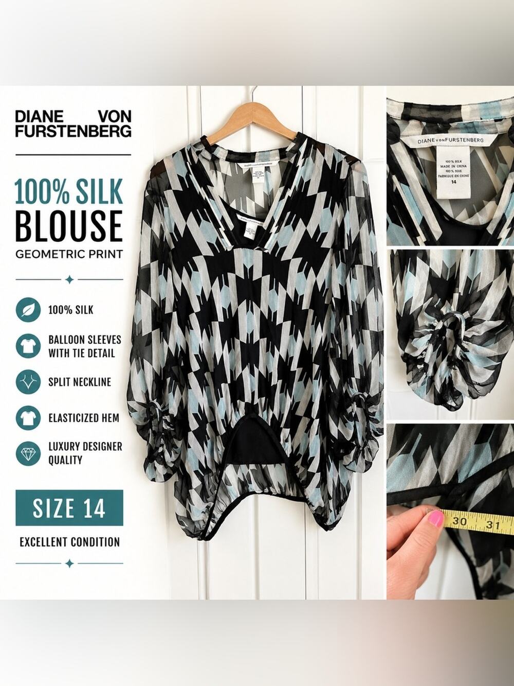 Diane von Furstenberg 100% Silk Geometric Print Blouse 14 Sheer Balloon Sleeve
